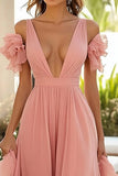 Pink Deep V-Neck A Line Long Wedding Guest Dress with Ruffles