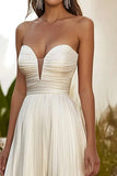 Champagne Strapless A Line Long Wedding Guest Dress