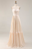 Champagne A Line Pleated Sweetheart Long Wedding Guest Dress