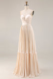 Champagne A Line Pleated Sweetheart Long Wedding Guest Dress