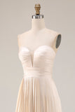 Champagne A Line Pleated Sweetheart Long Wedding Guest Dress