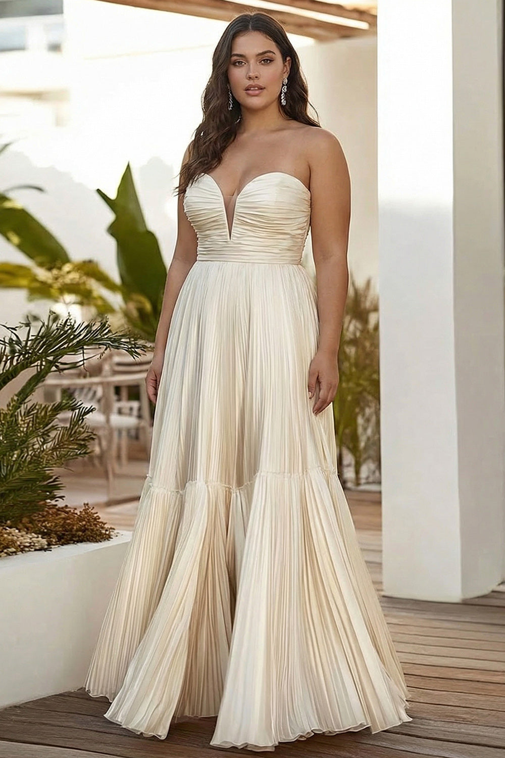 Champagne Strapless A Line Long Wedding Guest Dress