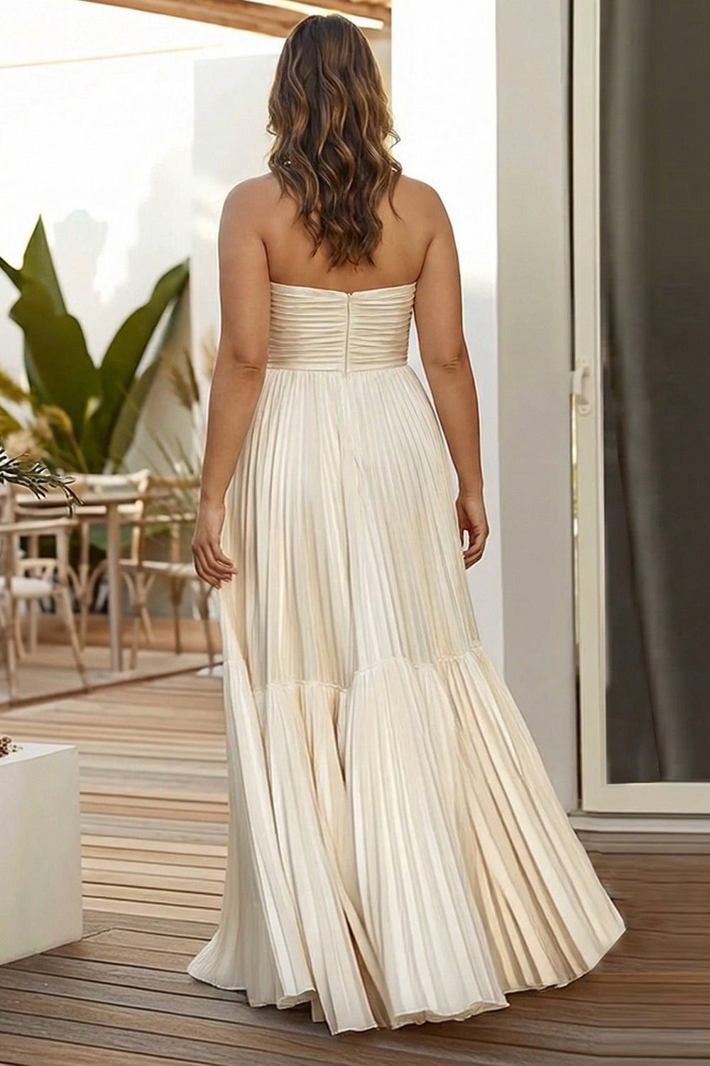 Champagne Strapless A Line Long Wedding Guest Dress