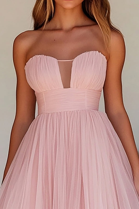 Pink A Line Strapless Tulle Knee-Length Wedding Guest Dress