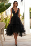 Black Tulle A Line Deep V-Neck Knee-Length Wedding Guest Dress