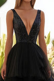 Black Tulle A Line Deep V-Neck Knee-Length Wedding Guest Dress