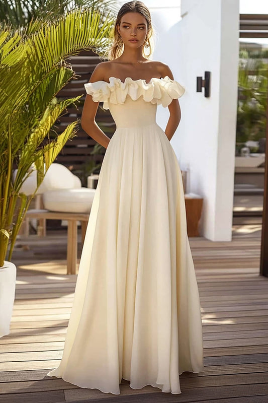 Daffodil Off the Shoulder A Line Long Wedding Guest Dress with Ruffles