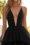 Sparkly Black Deep V-Neck High-Low Tulle Wedding Guest Dress