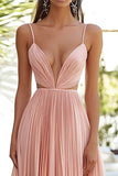 Pink A Line V-Neck Long Chiffon Wedding Guest Dress with Pleated