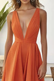 Orange Chiffon Deep V-Neck Long Wedding Guest Dress with Ruffles