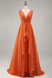 Orange Chiffon Deep V-Neck Long Wedding Guest Dress with Ruffles