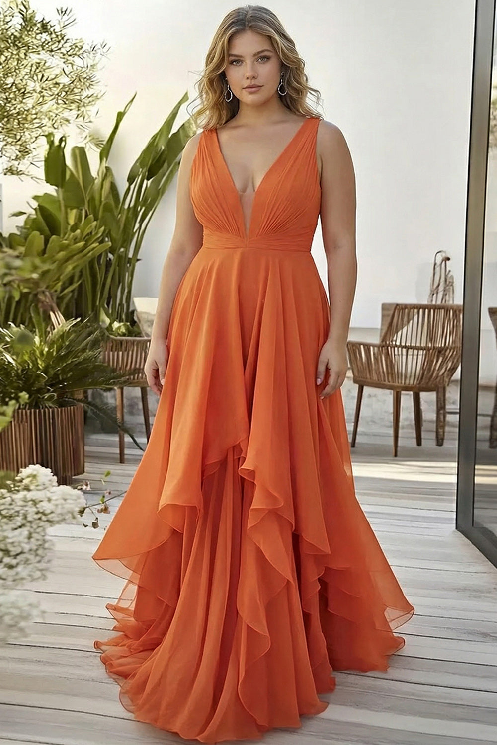 ZAPAKASA Women Orange Chiffon Deep V-Neck Long Wedding Guest Dress with Ruffles A Line Sleeveless Prom Dress ZAPAKASA Women Orange Chiffon Deep V-Neck Long Wedding Guest Dress with Ruffles A Line Sleeveless Prom Dress