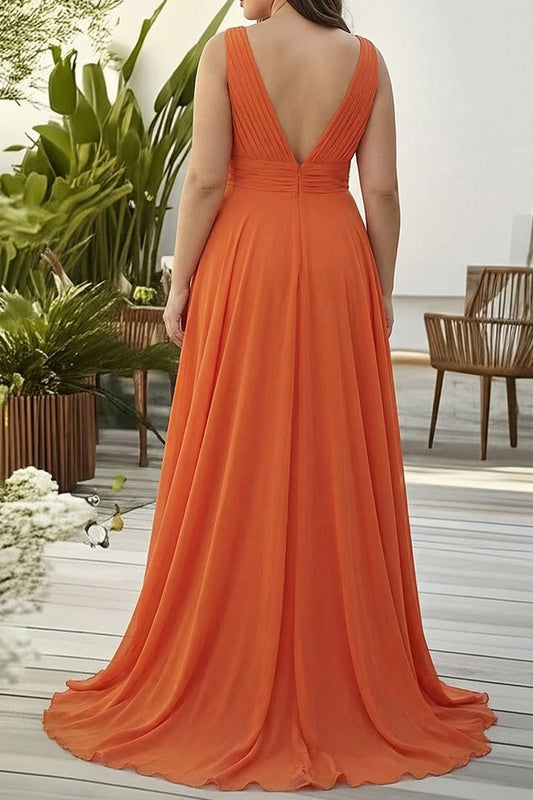Plus Size Orange Chiffon Deep V-Neck Long Wedding Guest Dress with Ruffles