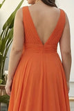 Plus Size Orange Chiffon Deep V-Neck Long Wedding Guest Dress with Ruffles