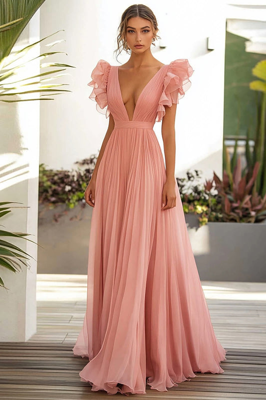 Pink A Line Long Chiffon Wedding Guest Dress with Ruffles