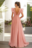Pink A Line Long Chiffon Wedding Guest Dress with Ruffles