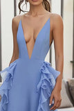 Blue A Line Ruffled Deep V-Neck Long Wedding Guest Dress
