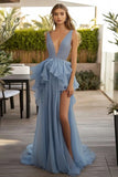 Dusty Blue Chiffon A Line Ruffled Long Wedding Guest Dress with Slit