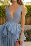 Dusty Blue Chiffon A Line Ruffled Long Wedding Guest Dress with Slit