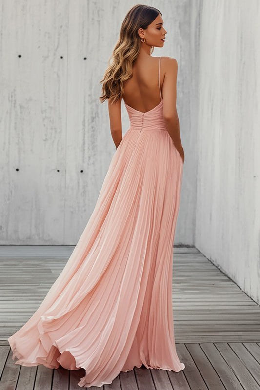 Pink Spaghetti Straps Chiffon Long Wedding Guest Dress with Pleated