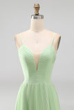 Pink Spaghetti Straps Chiffon Pleated Long Wedding Guest Dress