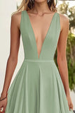 Dusty Sage A Line Long Chiffon Wedding Guest Dress with Ruffles