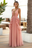A Line Pink Chiffon Long Wedding Guest Dress with Ruffles