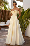 Daffodil Strapless Chiffon Long Wedding Guest Dress with Pockets
