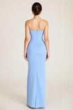 Sky Blue Square Neck Long Sheath Wedding Guest Dress with Slit