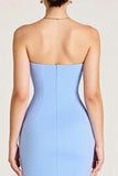 Sky Blue Square Neck Long Sheath Wedding Guest Dress with Slit
