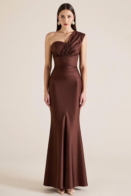 Dark Brown One Shoulder Satin Long Mermaid Wedding Guest Dress