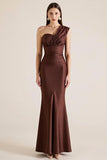 Dark Brown One Shoulder Satin Long Mermaid Wedding Guest Dress