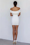 Off the Shoulder White Sheath Satin Mini Graduation Dress with Bowknot