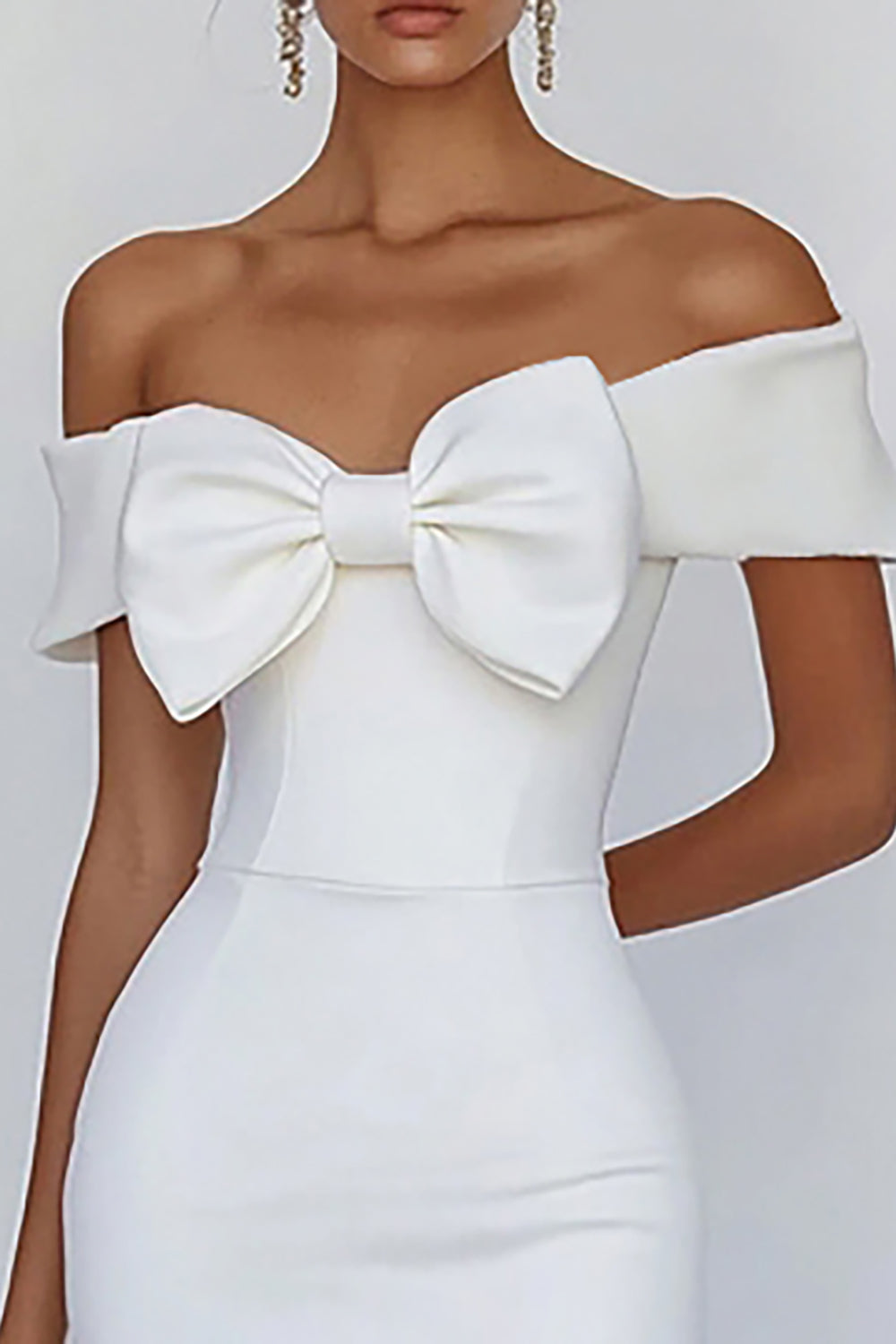 Off the Shoulder White Sheath Satin Mini Graduation Dress with Bowknot