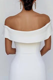 Off the Shoulder White Sheath Satin Mini Graduation Dress with Bowknot