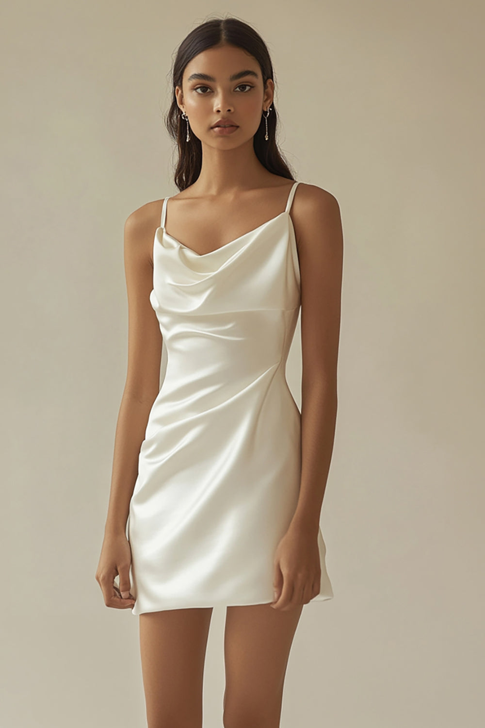 Spaghetti Straps White Sheath Satin V-Neck Mini Graduation Dress