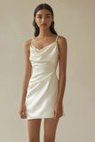 Spaghetti Straps White Sheath Satin V-Neck Mini Graduation Dress
