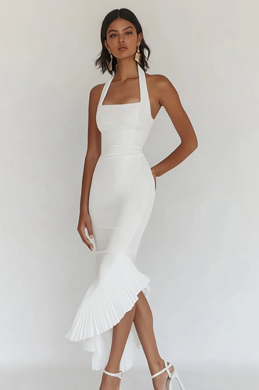 Square Neck White Sheath Satin Long Graduation Dress