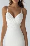 Bodycon White Satin Spaghetti Straps Midi Graduation Dress