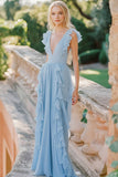 Chiffon Sky Blue A Line V-Neck Long Bridesmaid Dress with Ruffles