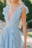 Chiffon Sky Blue A Line V-Neck Long Bridesmaid Dress with Ruffles