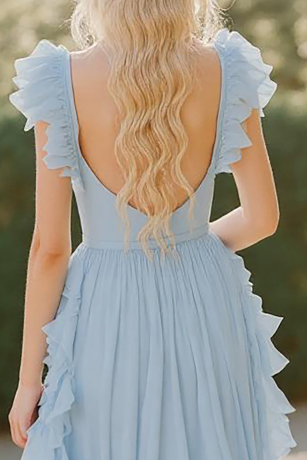 Chiffon Sky Blue A Line V-Neck Long Bridesmaid Dress with Ruffles