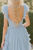 Chiffon Sky Blue A Line V-Neck Long Bridesmaid Dress with Ruffles