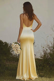 Mermaid Light Yellow Halter Long Satin Bridesmaid Dress