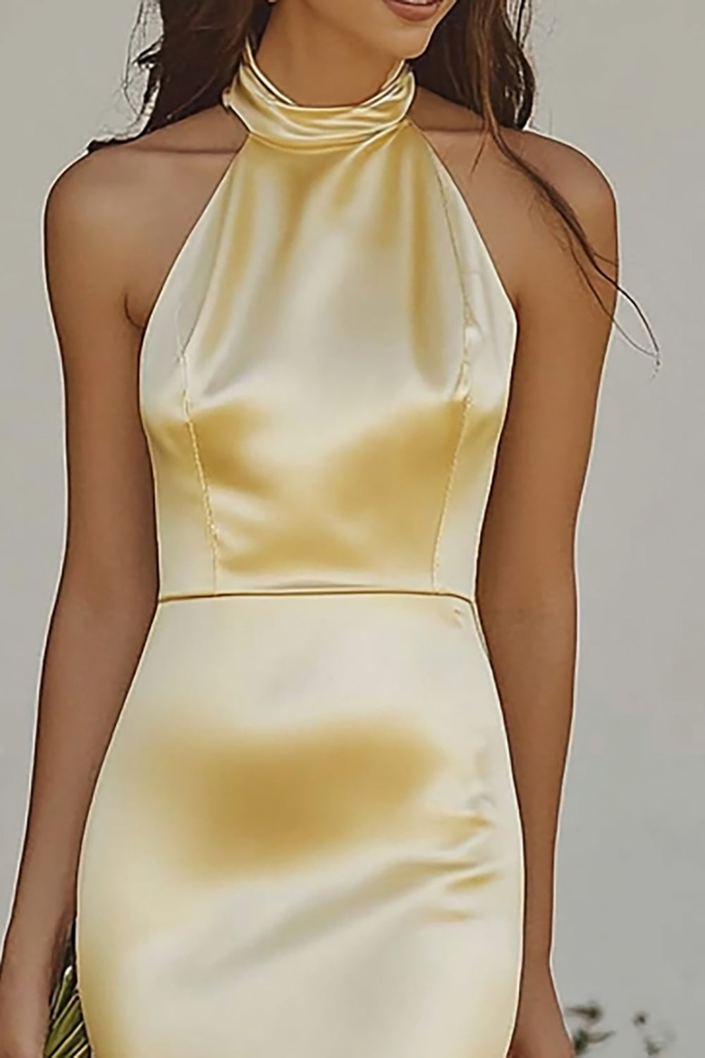 ZAPAKASA Women Mermaid Light Yellow Satin Bridesmaid Dress Halter Backless Long Wedding Guest Dress ZAPAKASA Women Mermaid Light Yellow Satin Bridesmaid Dress Halter Backless Long Wedding Guest Dress