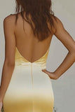 Mermaid Light Yellow Halter Long Satin Bridesmaid Dress