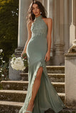 Sheath Dusty Sage Chiffon Halter Long Bridesmaid Dress with Slit