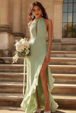 Dusty Sage Chiffon Halter Ruffled Long Bridesmaid Dress with Slit