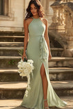Dusty Sage Sheath Ruffled Halter Long Bridesmaid Dress with Slit