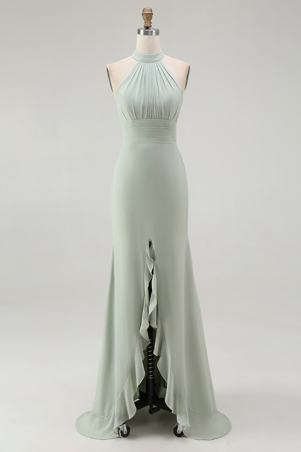 Dusty Sage Chiffon Halter Mermaid Long Bridesmaid Dress with Slit